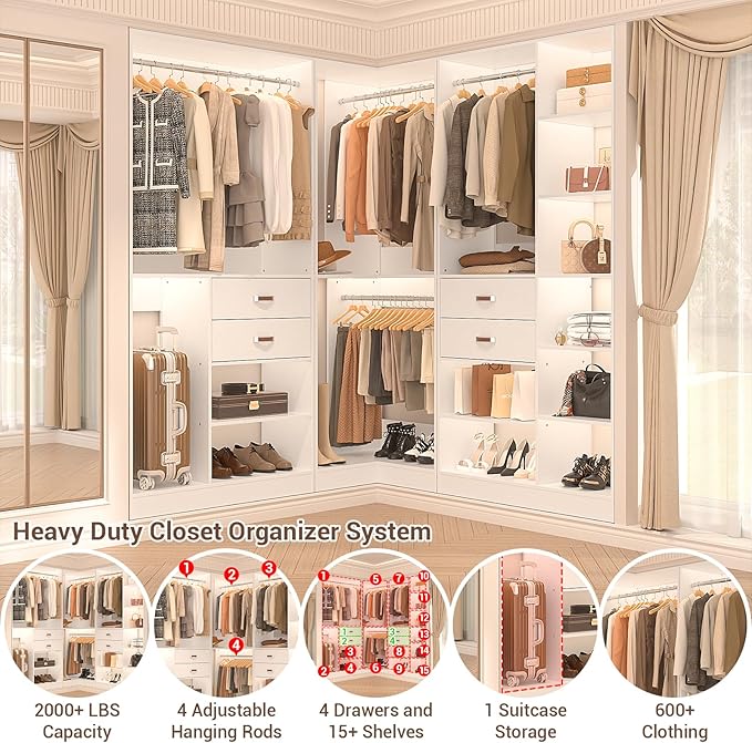Armocity Freestanding Closet System with 3 Sets, 110'' Reversible Stand-alone Wardrobe, 80'' Height Cloth Garment Organizer, Walk-in Closet with Hanging Rod, 71"L x 71"W x 80"H, Load 2500 LBS, White