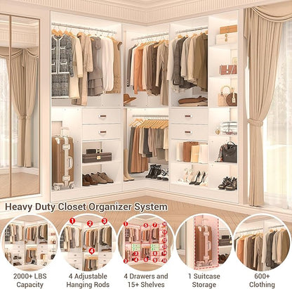Armocity Freestanding Closet System with 3 Sets, 110'' Reversible Stand-alone Wardrobe, 80'' Height Cloth Garment Organizer, Walk-in Closet with Hanging Rod, 71"L x 71"W x 80"H, Load 2500 LBS, White