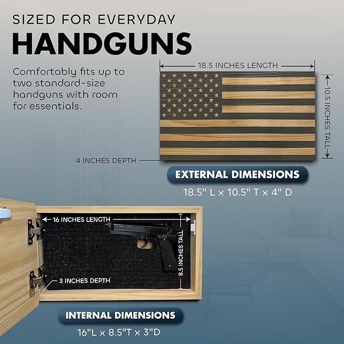 American Flag Hidden Gun Safe - Quick Access Hidden Gun Shelf - Concealment Shelf with Magnetic Lock - Wall Gun Safe for Secure Firearm Storage - Handcrafted In USA by Bellewood Designs (Gray)
