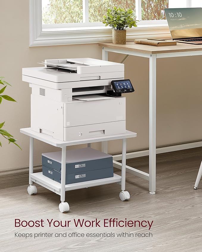 VASAGLE Printer Stand with Locking Wheels, 2-Tier Shelf, Industrial Under Desk Heavy-Duty Mobile Cart for Home Office, White UOPS002W01