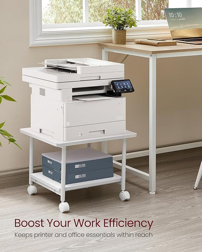 VASAGLE Printer Stand with Locking Wheels, 2-Tier Shelf, Industrial Under Desk Heavy-Duty Mobile Cart for Home Office, White UOPS002W01