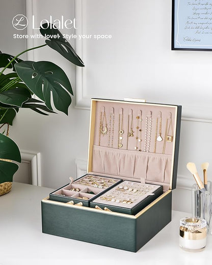 Lolalet Jewelry Box Organizer for Women Girls, 2 Layer Jewelry Organizers and Storage for Necklace Earrings Rings Bracelets, Large Jewellery Holder Case Birthday Valentine Gifts -DarkEmerald