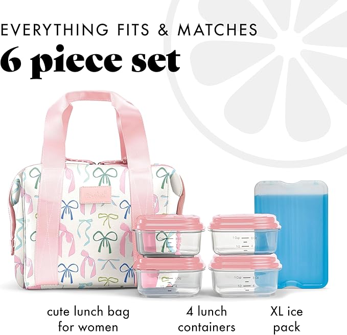 Fit & Fresh Neoprene Lunch Bag For Women, Insulated Womens Lunch Bag For Work, Tear & Stain Resistant Large Lunch Box For Women With Containers and Ice, Machine Washable Remi Bag, Dainty Bows