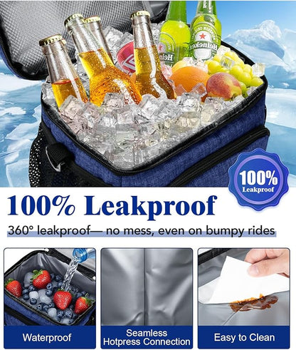 Insulated Lunch Bag for Men & Women, 9L Leakproof Lunch Box Soft Cooler Tote with 5 Pockets, 600D Oxford, EVA Lining, Adjustable Strap for Work, Picnic, Beach&Travel-Navy Blue