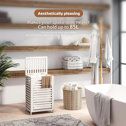 FILWH Laundry Hamper with Lid (16.9 * 13 * 26.5inches) Large Bamboo Laundry Bin Basket 85L Clothes Hamper with 1 Removable Bag Storage baskets for Bathroom (White)