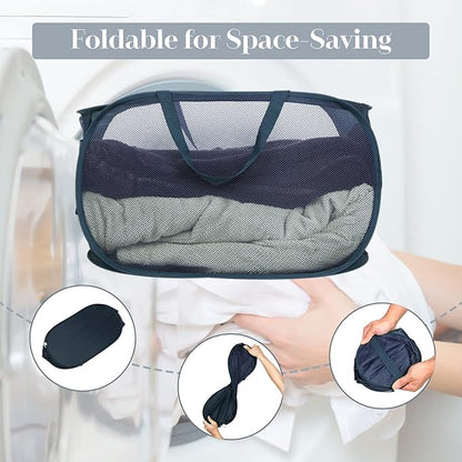 Durable Collapsible Laundry Baskets, Mesh Pop Up Laundry Hamper with Side Pocket, Foldable Clothes Hamper with Reinforced Carry Handles for Laundry, Bathroom, Kids Room, Dorm, Travel 2 Pack Navy Blue