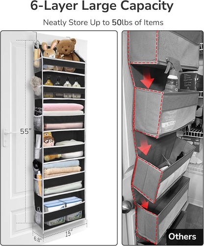 ULG Over The Door Organizer with 6 Large Pockets 12 Side Pockets, 50lbs Weight Capacity Door Hanging Organizer for Bedroom, Bathroom Black