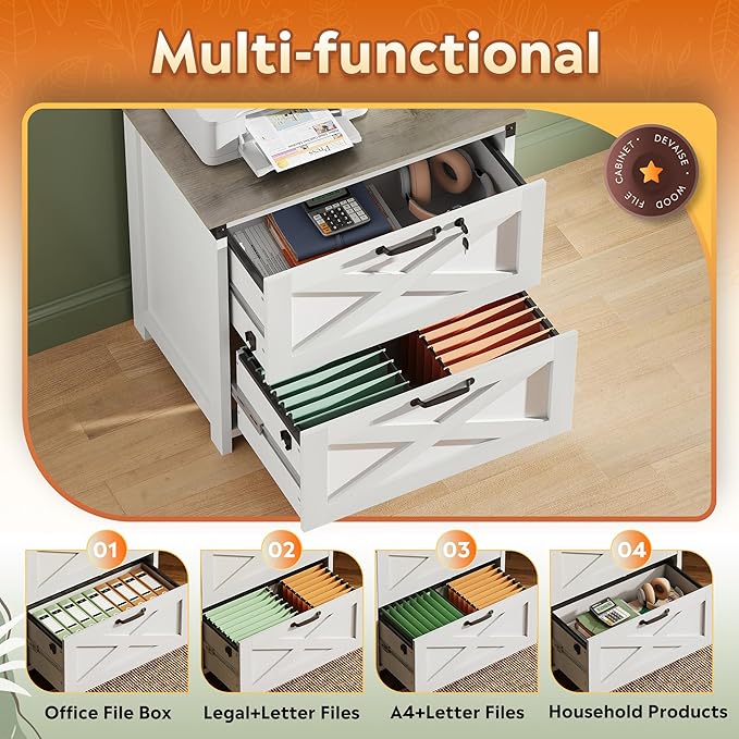 DEVAISE 2 Drawer File Cabinet, Lateral Wood Filing Storage Cabinet with Lock, Farmhouse Printer Stand for Home Office Fits Letter/Legal/A4 Size, White