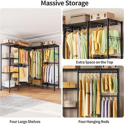 Heavy Duty Garment Rack Clothes Rack,Large Metal Closet Organizer System Storage Wardrobe,Freestanding Clothing Rack with Adjustable Wire Shelves& Hang Rods,MaxLoad 1100lbs