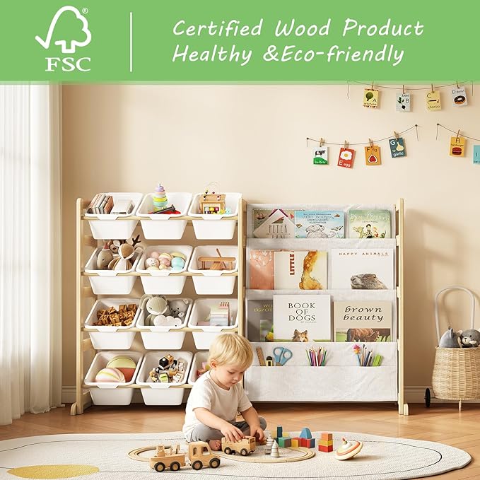 Toy Storage Organizer with Bookshelf - 12 Storage Bins 4-Tier Multipurpose Shelf to Organize Toys and Books for Kids Room, Playroom, Nursery Room, White