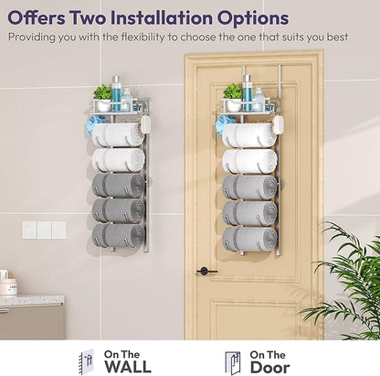 SWTYMIKI Over The Door Towel Rack - 6 Tier Towel Racks for Bathroom Wall Mounted, Towel Holder with Shelf, Hanging Rolled Towel Storage Organizer for Small Bathroom, Camper, RV, Sliver