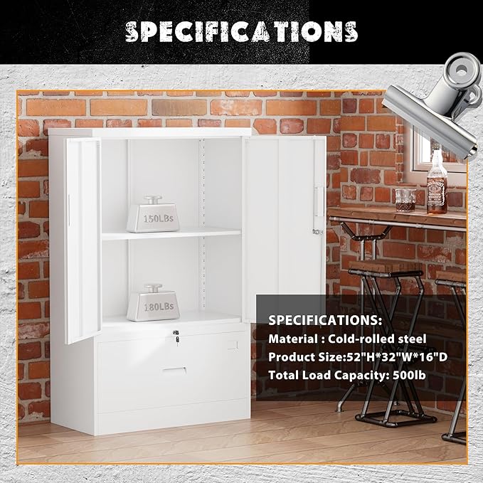 INTERGREAT Metal Storage Cabinet with Drawer, 51” White File Cabinet with Doors and Shelves, Steel Lateral File Cabinet for Home Office Hanging Files Letter/Legal/F4/A4 Size