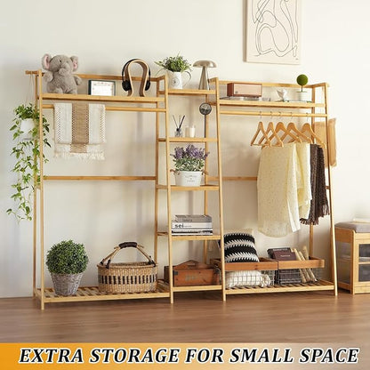Bamboo Garment Rack 9 Tier Storage Shelf Coat Clothes Hanging Rack, Portable Wardrobe Closet Organizer With Top Shelf, Shoe Storage Shelves for Bedroom (Natural - 74.8 in)