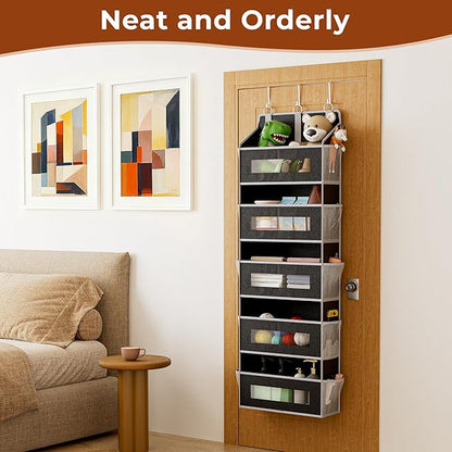 5-Tier Over The Door Storage Organizer with 10 Side Mesh Pockets, 48 lbs Load Capacity, 3 Hooks Design, Door Hanging Organizer with Clear Windows for Bathroom, Bedroom, Nursery, Kitchen-Black