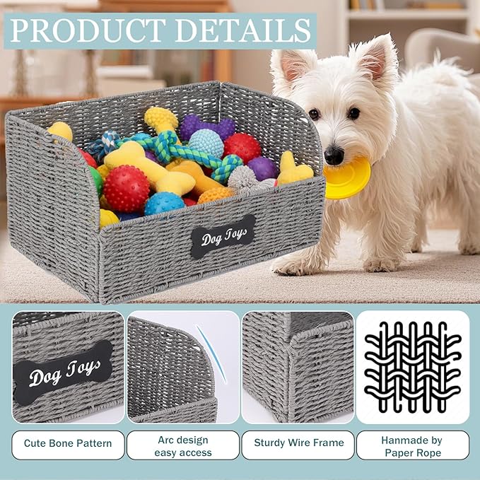 Pet Dog Toy Storage Basket,Collapsible Woven Paper Rope for Dog Cat Toys,Trapezoid Dog Toy Bin,Dog Storage Organizer with Wire Frame,Ideal for Living Room,Playroom(Black)