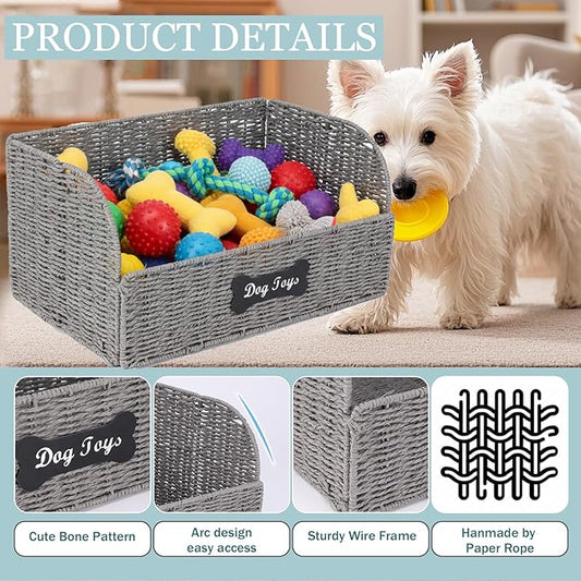 Pet Dog Toy Storage Basket,Collapsible Woven Paper Rope for Dog Cat Toys,Trapezoid Dog Toy Bin,Dog Storage Organizer with Wire Frame,Ideal for Living Room,Playroom(Black)