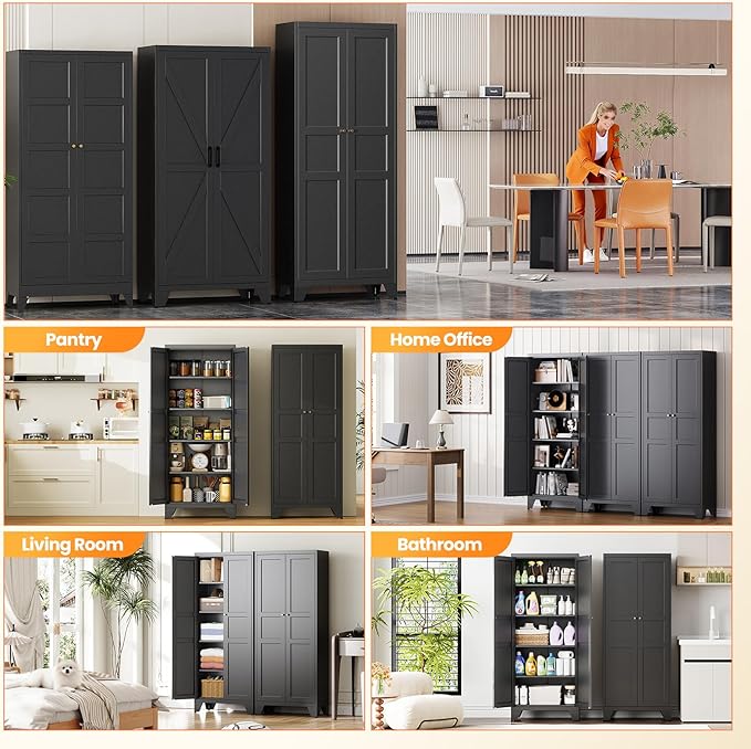 72" Tall Kitchen Cabinet Storage Unit With 2 Doors and 4 Adjustable Shelve, Metal Black Freestanding Cupboard, 5 Tier Kitchen Pantry Storage Cabinet for Kitchen Dining/Living Room/Garage/Home/Office