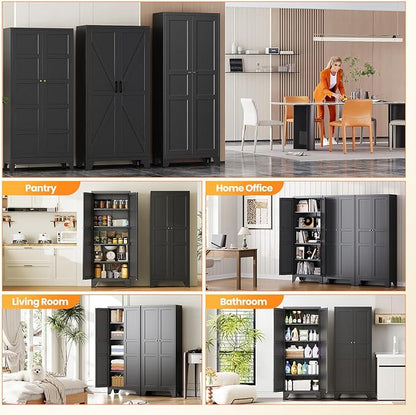 72" Tall Kitchen Cabinet Storage Unit With 2 Doors and 4 Adjustable Shelve, Metal Black Freestanding Cupboard, 5 Tier Kitchen Pantry Storage Cabinet for Kitchen Dining/Living Room/Garage/Home/Office