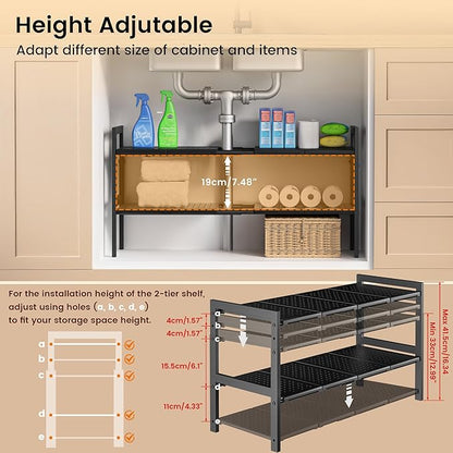 Under Sink Organizer and Storage 16.5"-30.7" Expandable Length, Adjustable Height Max 16.7" Under Sink Shelf 2 Tier with Removable ABS Panels Metal Frame for Bathroom Kitchen Pantry Cabitnet Pot Pan