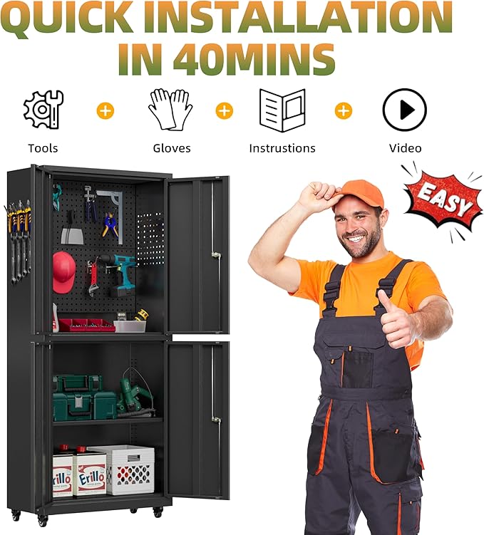 Garage Storage Cabinet with Wheels, Lockable Metal Storage Cabinet, 71''H Heavy Duty Garage Cabinet with Pegboard & 4 Doors for Utility Room Warehouse Home Office