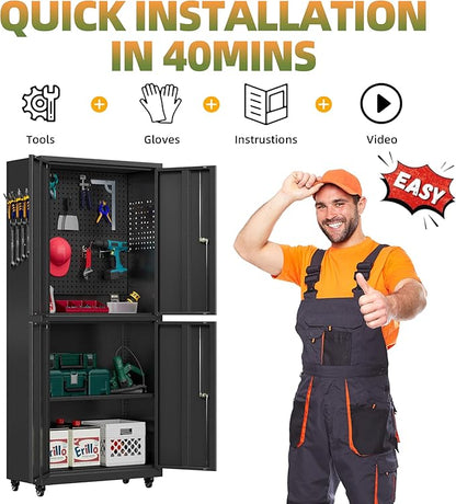 Garage Storage Cabinet with Wheels, Lockable Metal Storage Cabinet, 71''H Heavy Duty Garage Cabinet with Pegboard & 4 Doors for Utility Room Warehouse Home Office