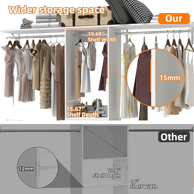 Closet System, 4Ft-9Ft Closet Organizer System With 2 Wooden Drawers, Walk-In Closet Storage System With 5 Expandable Hanging Rods, Adjustable Cloth Garment Rack from 4 to 9FT, White