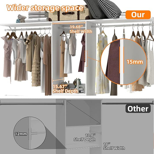 Closet System, 4Ft-9Ft Closet Organizer System With Adjustable Shelves, Walk-In Closet Storage System With 5 Expandable Hanging Rods, Adjustable Cloth Garment Rack from 4 to 9FT, White