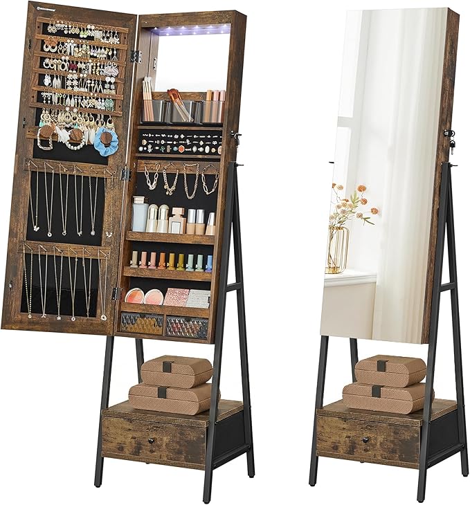 SONGMICS LED Cabinet Standing, Lockable Jewelry Armoire with Full-Length Mirror, Space-Saving Jewelry Organizer with Mirror, Bottom Drawer and Shelf, Gift Idea, Rustic Brown UJJC025X01