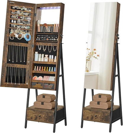 SONGMICS LED Cabinet Standing, Lockable Jewelry Armoire with Full-Length Mirror, Space-Saving Jewelry Organizer with Mirror, Bottom Drawer and Shelf, Gift Idea, Rustic Brown UJJC025X01