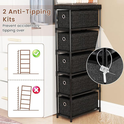 Giantex Dresser with 5 Drawers, Slim Fabric Storage Tower with Metal Frame, Wood Top & Easy Pull Handles, Space-Saving Chest of Drawers for Living Room, Office, Closet, Hallway & Entryway, Black