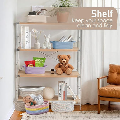 Woven Basket,Small Rope Storage Bin with Handles & Ribbon Bag, Organizer for Shelves Closets,Gift Basket Empty for Birthday,Books,Dog Toys, Colorful/3 Pack