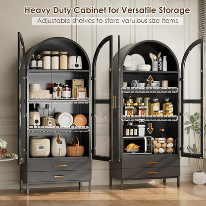 Metal Arched Pantry Cabinet with 2 Drawers,Black Arched Cabinet with Glass Door for Kitchen Home, Assemble Required,Black,72.76"×30.83" W×16.10" D