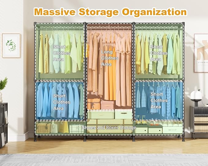E14C Pro Heavy Duty Closet Organizer System，Freestanding Clothing Racks for Hanging Clothes，Adjustable Garment Rack 70.1"W × 16.6"D × 76.4"H Hold 960 lbs，Black Rack with Grey Dustproof Cover