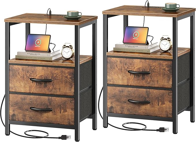Huuger Nightstands Set of 2, End Tables with Charging Station, Fabric Drawers, Bedside Tables with USB Ports and Outlets, Night Stands for Bedroom, Rustic Brown