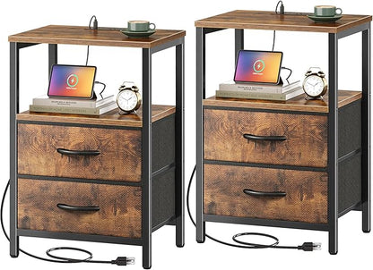Huuger Nightstands Set of 2, End Tables with Charging Station, Fabric Drawers, Bedside Tables with USB Ports and Outlets, Night Stands for Bedroom, Rustic Brown