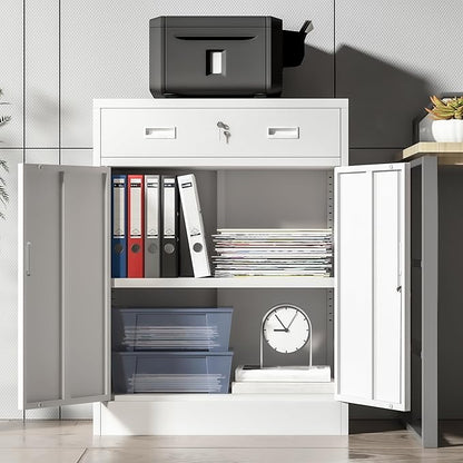 Metal Storage Cabinet, Locking Cabinet with 1 Drawer and Adjustable Shelf, 36" H x 28" W x 16" D Steel Storage Cabinet for Office, Garage, Home-White