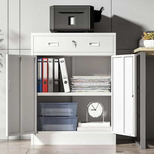 Metal Storage Cabinet, Locking Cabinet with 1 Drawer and Adjustable Shelf, 36" H x 28" W x 16" D Steel Storage Cabinet for Office, Garage, Home-White