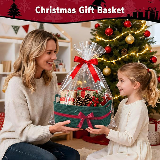 CHICVITA Small Storage Basket for Gifts, Cute Rope Gift Baskets for Christmas, Decorative Rectangle Woven Basket with Handles for Towels, Toys, 13"x 10"x 5", Green