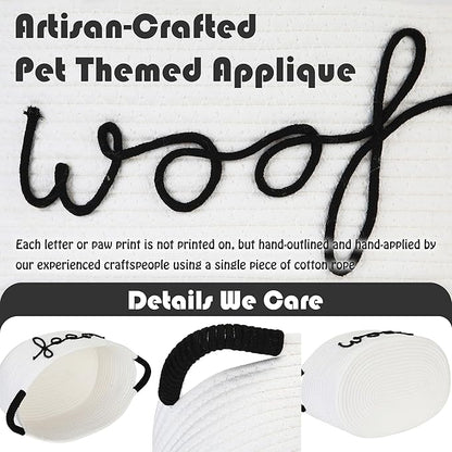 Sea Team Dog Toy Storage Basket with Handles, 16.5 x 11 x 7 Inches, 4.4 Gallons Large Cotton Rope Storage Bin, Shelf Basket, Organizer for Pet Chew Toys, Foods, White Woof