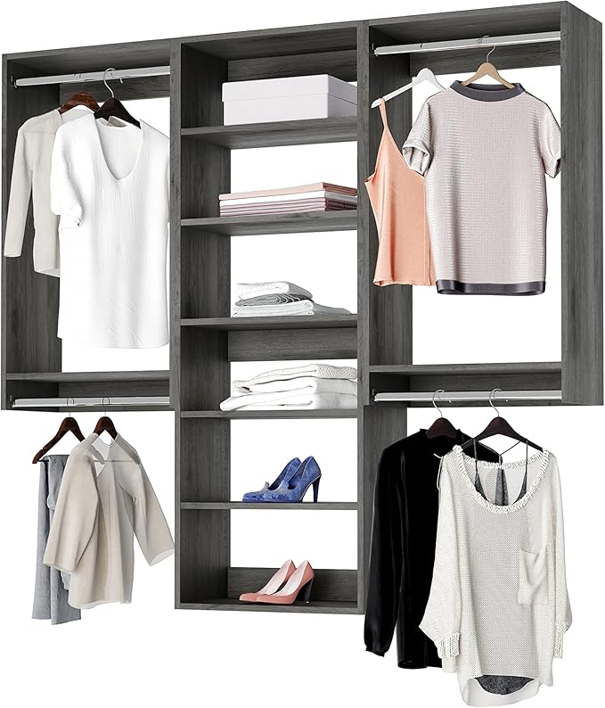 Modular Closets Vista Collection Closet Organizer System - 3 Piece Wall Mounted Kit with Hanging Rods & Shelves, Grey, Fits Closets 69” or wider