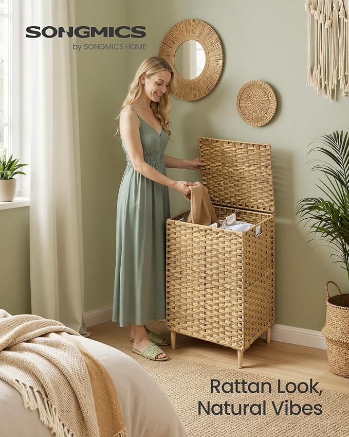 SONGMICS 2-Section Laundry Hamper with Lid, 29 Gal (110L) PE Rattan Laundry Basket with Removable Washable Liners, for Bedroom & Living Room, Goose Yellow ULCB222YE01