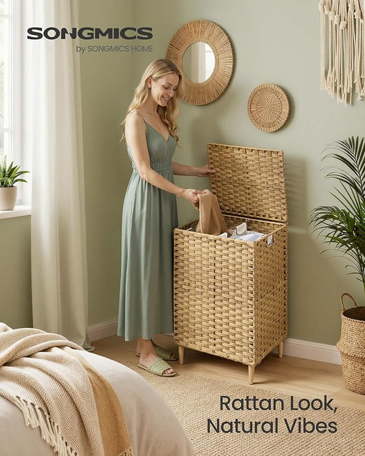 SONGMICS 2-Section Laundry Hamper with Lid, 29 Gal (110L) PE Rattan Laundry Basket with Removable Washable Liners, for Bedroom & Living Room, Goose Yellow ULCB222YE01