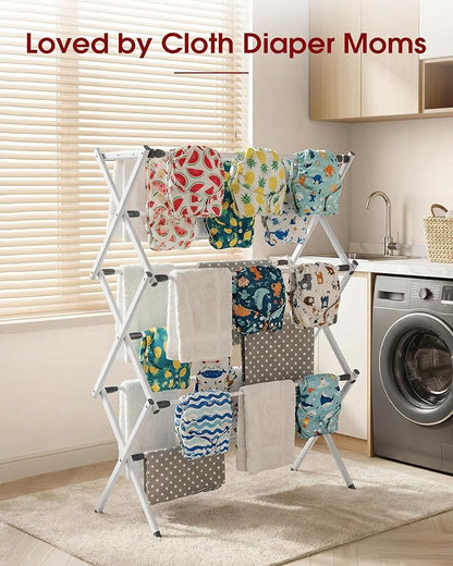 Foldable Clothes Drying Rack – Metal Laundry Drying Rack with Non-Slip Feet, 3-Tier Space-Saving Clothing Rack for Organization, Indoor & Outdoor Use, 11.4"D x 29.1"W x 37.4"H, White and Black
