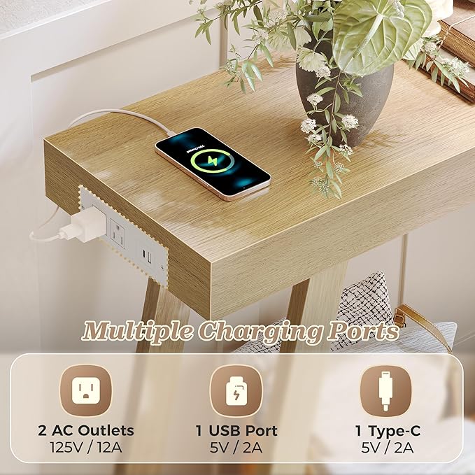 Huuger Console Table with Charging Station, USB-C Port, 2 Tiers Entryway Table, 53.9 Inch Sofa Table with Metal Legs, Entry Hallway Table with Thicker Desktop, Modern Behind Couch Table, Natural