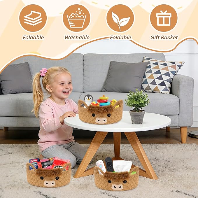 3 Pcs Oval Highland Cute Cow Basket for Nursery, Small Woven Rope Gift Basket, Soft Cotton Decorative Storage for Gifts Empty, Baby Shower Blanket 0rganizer Shelves Towel Bins, 12" D x 5" H