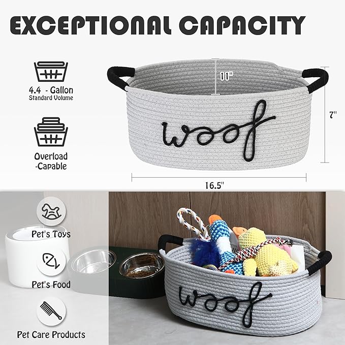 Sea Team Dog Toy Storage Basket with Handles, 16.5 x 11 x 7 Inches, 4.4 Gallons Large Cotton Rope Storage Bin, Shelf Basket, Organizer for Pet Chew Toys, Foods, Grey Woof