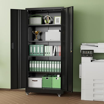 INTERGREAT Metal Storage Cabinet with Wheels, 73" H Rolling Metal Cabinets with Doors and Shelves, Black Steel Lockable Cabinet on Wheels for Garage Storage