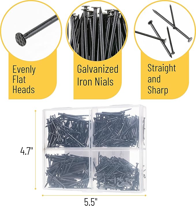 Mr. Pen- Nail Assortment Kit, 600 Pcs, 4 Sizes, Black, Small Nails, Nails for Hanging Pictures, Finishing Nails, Wall Nails for Hanging, Pin Nails, Hardware Nails, Assorted Nails, Galvanized Nails