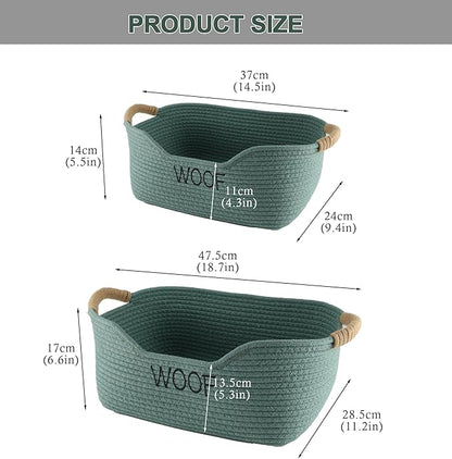 2 Pack Dog Toy Baskets,Pet Rope Basket for Dog Cat Toys,Dog Toy Bin with Handles,Woof Puppy Toy Storage Basket,Puppy Bed,Dog Stuff Organizer for Toys,Collar,Leash,Nursing Supplies-Green