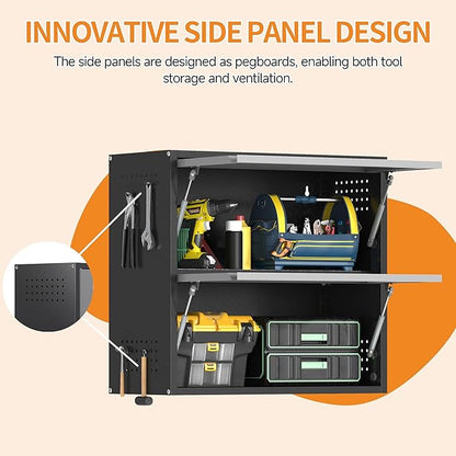 Metal Garage Wall Cabinet with Up-Flip Door, Black Float Tool Cabenit with 2 Doors,Upper Storage Cabinets with Pegboard for Kitchen,Garage,Workshop,Warehouse (25.6" H,Black&Gray)
